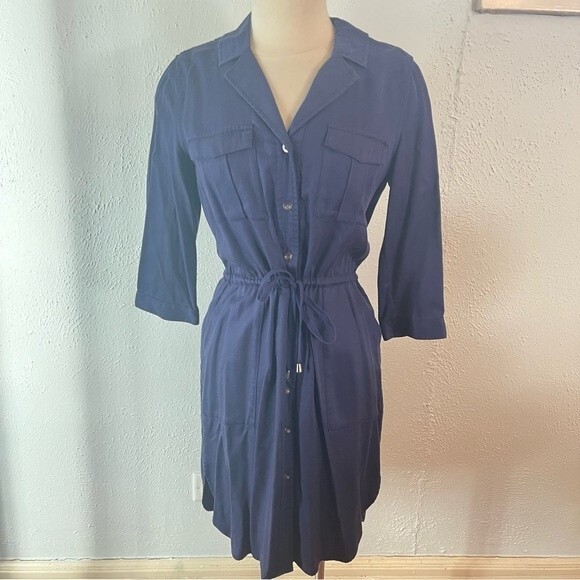 NEW French Connection Navy Blue Kruger Tencel Tie Waist Button Front Dress Sz 4 - Picture 3 of 11